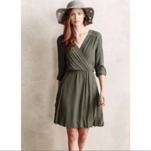 Anthropologie Maeve Women’s XS Lene Green Faux Wrap Dress Long Roll Up Sleeve